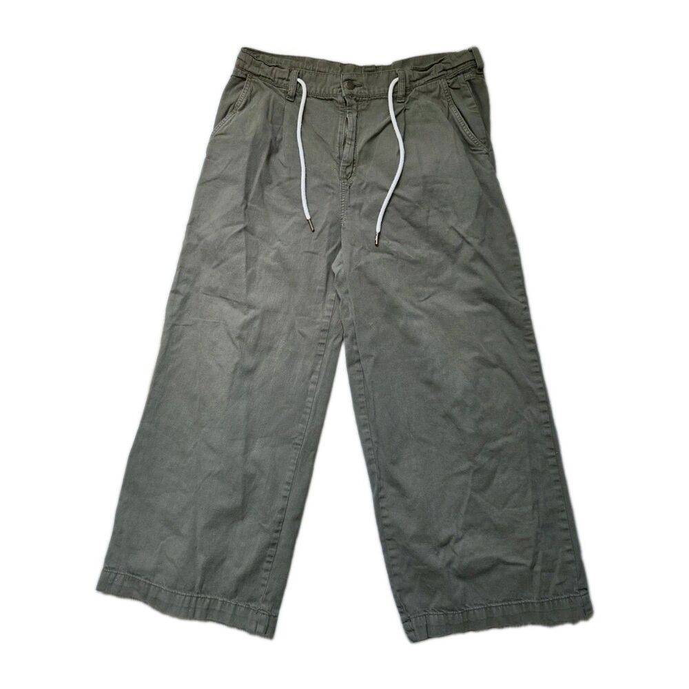 Old Navy High Rise Wide Leg Pants Olive Green Drawstring Cotton Petite 14 EUC